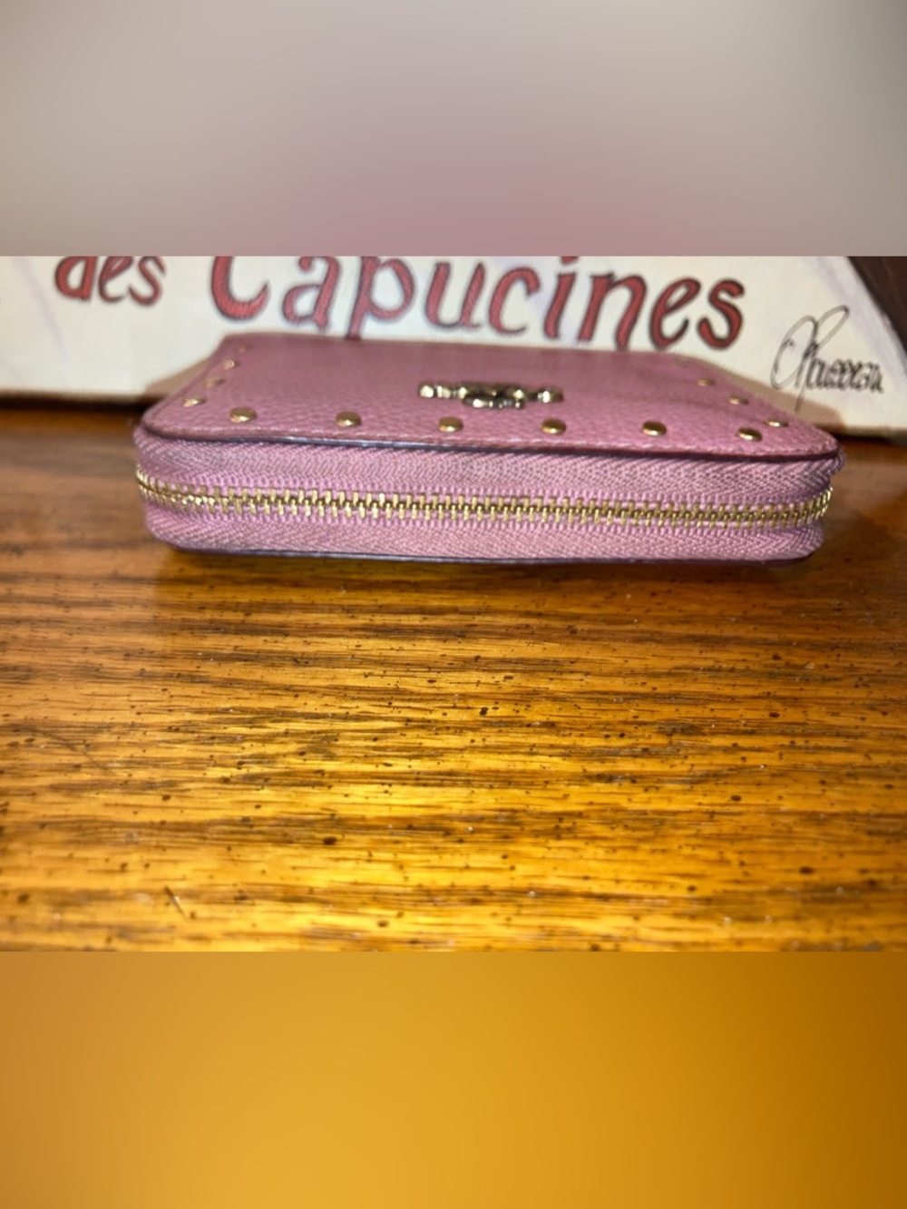 Coach Pebbled Leather Compact Zip Around Wallet with Gold Stud Accents Pink - Picture 3 of 9